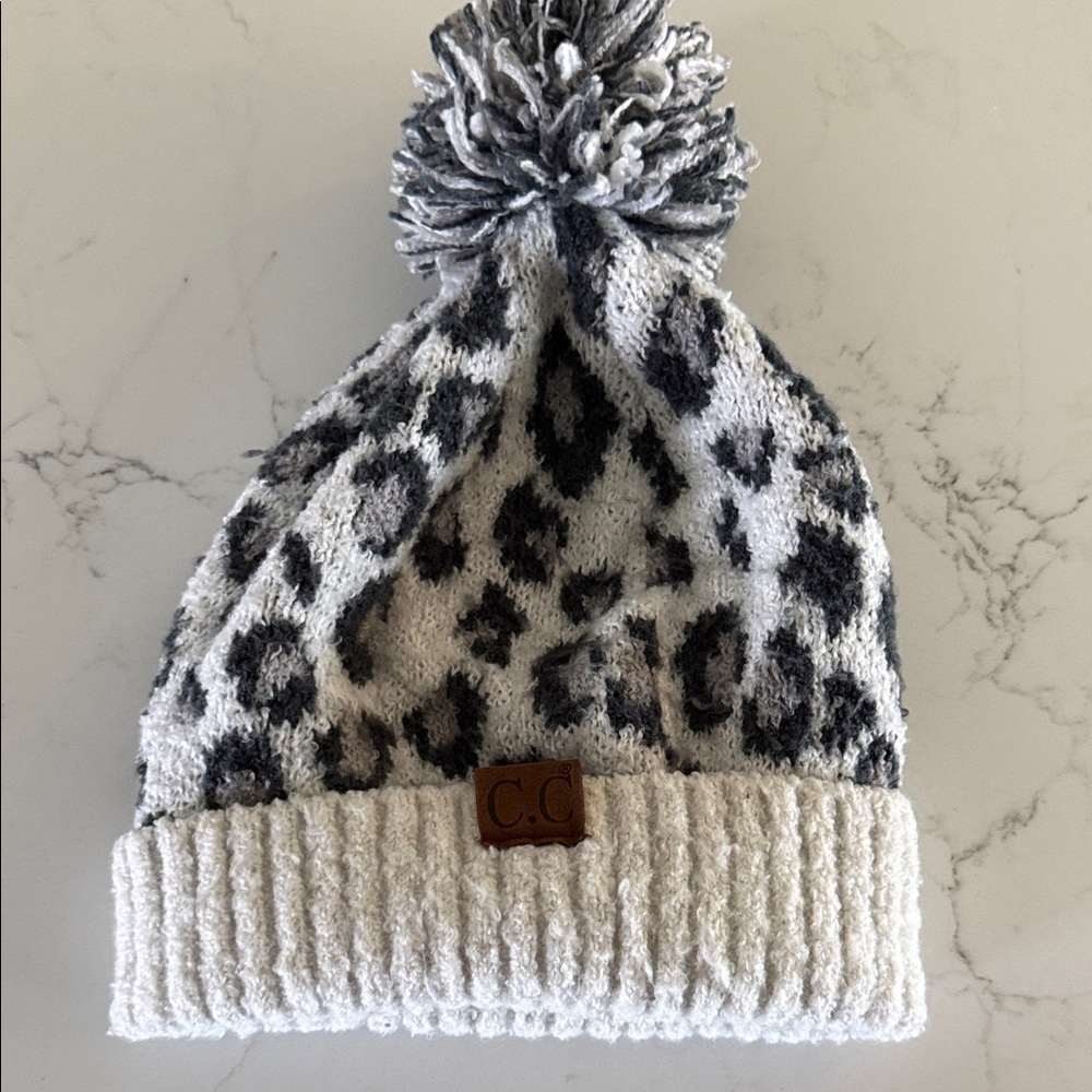C.C Snow Leopard Pom-Pom Beanie - Gray and Cream